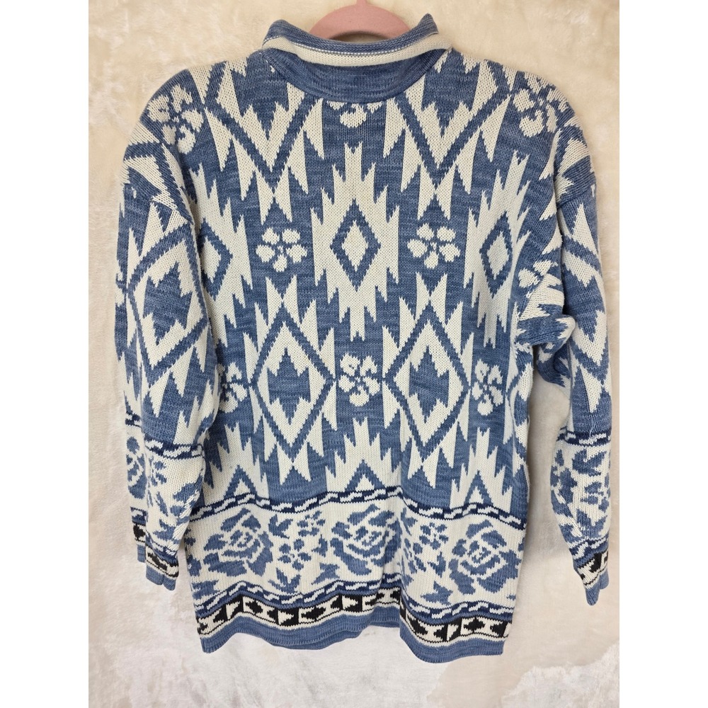 Vintage Delia McKain Blue White Southwestern‎ Floral Mock Neck Sweater Womens M
